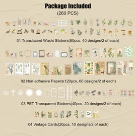 260PCS Vintage Journaling Scrapbooking Supplies Scrapbook Sticker Paper Ephemera Pack for Bullet Junk Journal Planners Collage Craft Notebooks Album (Plants and Birds)