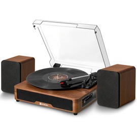 Vangoa Record Player with External Speakers Belt-Drive Turntable for Vinyl Records Dual Stereo Speakers LP Players Support 3 Speed 3 Size Wireless Playback AUX Headphone Input Auto Stop, Brown
