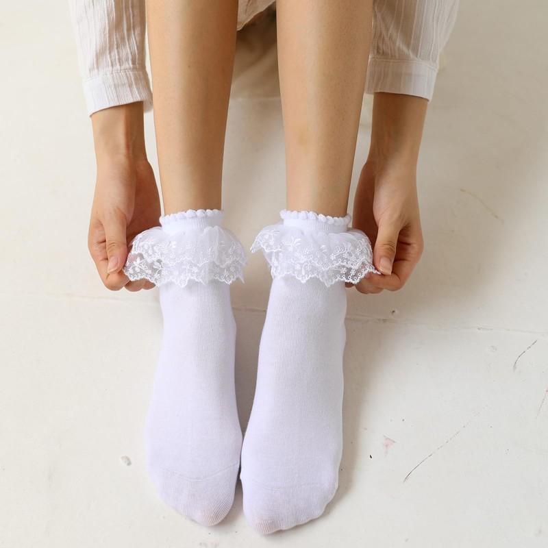 SRYL Women Lace Ruffle Frilly Socks (White-1 Pairs_Double Lace)