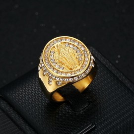 MIVEIVIA Virgin Mary Ring ICED OUT Ring for men Wedding Rings for Men Santa Maria Round ring Hip Hop ring Radiant Rings Bling Iced Out Jewelry Gold Ring Club ring Heavy Metal ring Party (GOLD, 12)