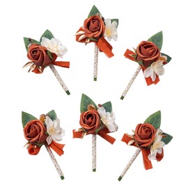 Meldel Rose Boutonniere for Men Wedding, Set of 6, Guest Groom Groomsmen Boutonnieres Prom Corsage for Weddings Homecoming Ceremony Anniversary Party Suit Decoration Flower, Burnt Orange/Terracotta