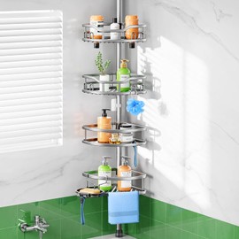 HAMITOR Corner Shower Caddy Tension Pole: Quick Installation Adjustable Shower Caddy no Drilling Required-4 Tier high Capacity Shower Shelves-Suitable Bathroom and Bathtub Organization Space-Saving