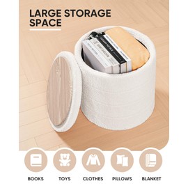 B FSOBEIIALEO Ottoman with Stroage, Round Sherpa Storage Ottoman Stool, Boucle Foot Rest 16.9"x16.9"x17.7"（White