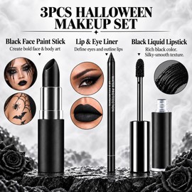 3PCS Black Lipstick Lipliner Lip Gloss Set for Halloween Makeup