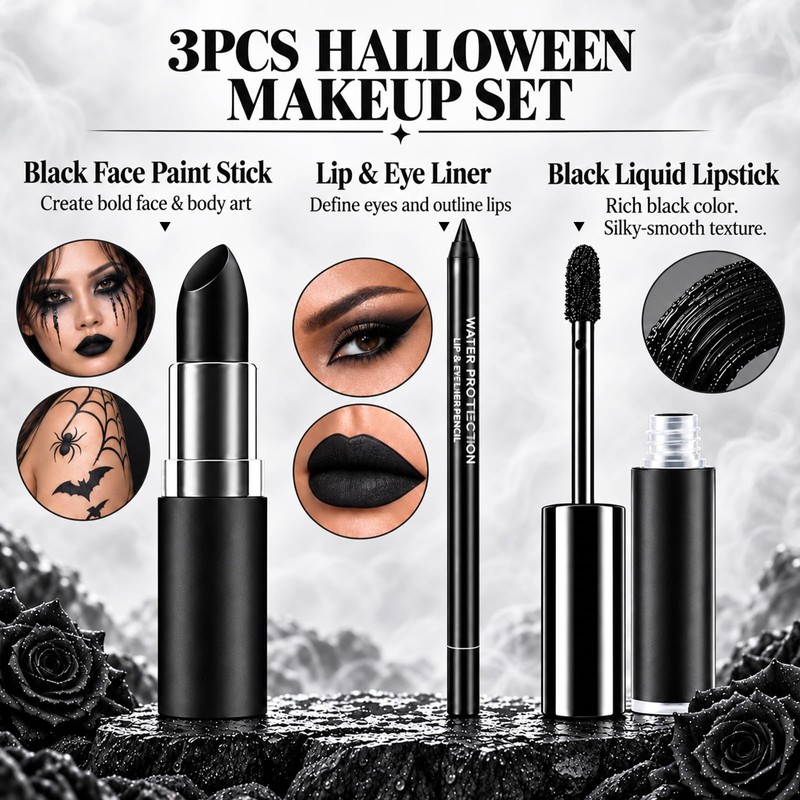 3PCS Black Lipstick Lipliner Lip Gloss Set for Halloween Makeup