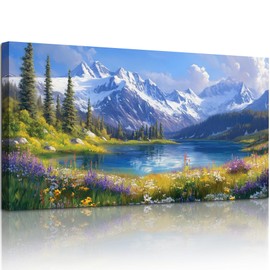 crmotu Mountain Lake Wall Art, Natural Landscape Large Wall Decor, Forest Meadow Wildflower Canvas Prints, Country Charm Pictures for Living Room Bedroom Kitchen, Rustic Farmhouse Decor 24x48 Inch