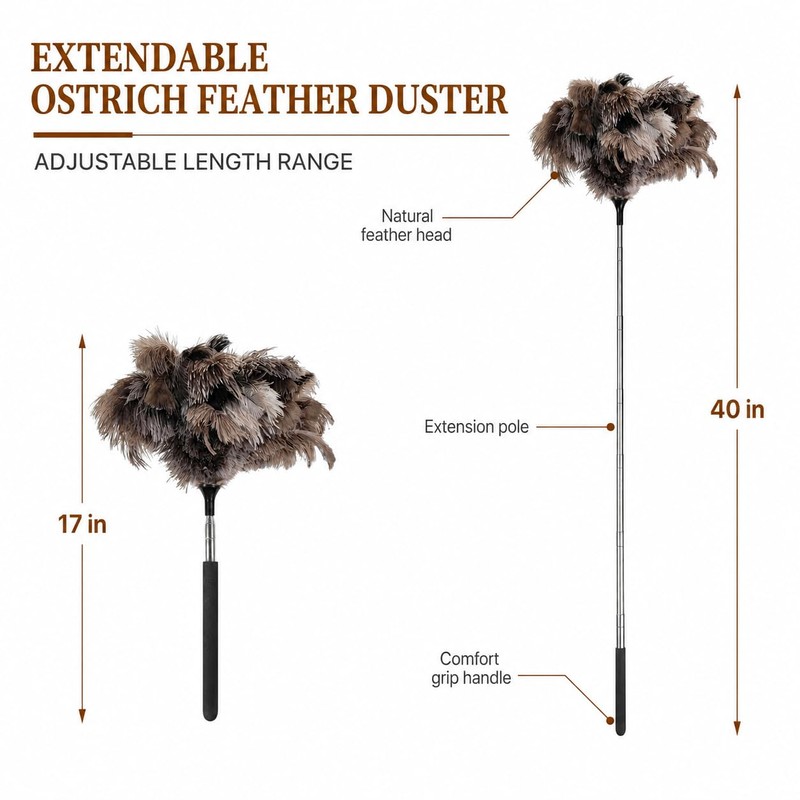 Extendable Ostrich Feather Duster 17–40 Inch, Fluffy Long Handle Reusable