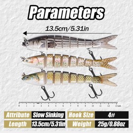 Balifly Robotic Topwater Bass Fishing Lures 8 Segments Swimbaits Bionic Fishing Lure for Saltwater Freshwater for Trout Walleye Bass Pike 5.32in/0.88oz 3pcs FS/YE-02(B)