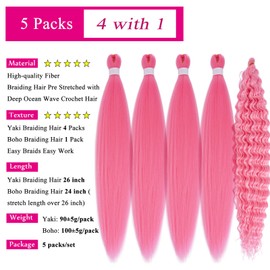 Pink Braiding Hair Pre Stretched with Boho Braids Pink Curly Deep Ocean Wave Crochet Hair Natural Color Synthetic Knotless Boho Braiding Hair for Bohemian Braids 5 Packs