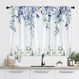 Visioun Eucalyptus Blue Green Leaves Kitchen Curtains Rustic Floral Flower Botanical Farmhouse Small Short Cafe Window Curtain Retro Plant Spring Rod Pocket Tier Window Treatment Drapes (27.5x39 Inch)