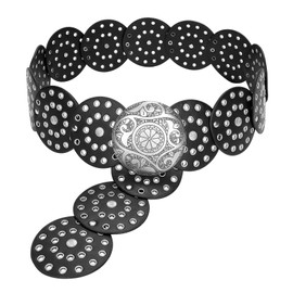 JASGOOD Western Belts for Women Wide Hollow Disc Leather Belt Cowgirl Waist Belt for Jeans Dresses with Metal Buckle