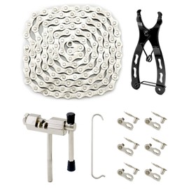 QWORK® Bicycle Chain Set, 1/2 x 3/32 Inch Bicycle Chain, Chain Breaker, Chain Tester, 6 Pairs Bicycle Mislink, for 6/7/8 Mountain Bike, Speed Bike