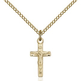 Bonyak Jewelry Saint Medal Collection Gold Filled Crucifix Pendant 5/8 x 1/4 inches with Gold Filled Lite Curb Chain