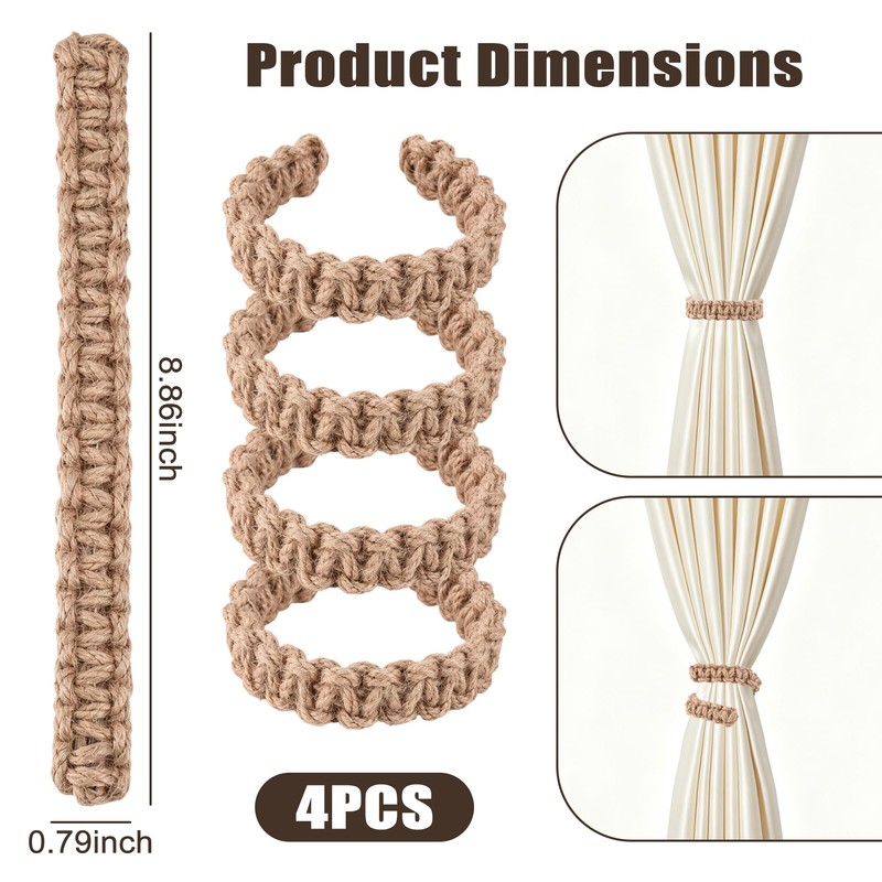 4 Pack Linen Braided Curtain Tiebacks, Boho Rustic Curtain Holdback