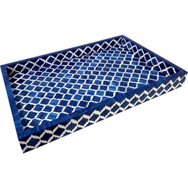 Handmade Bone Inlay Serving Tray – Blue & White Moroccan Damask Breakfast Tray – Rectangular Wooden Platter for Dining, Decor, Cheese Boards & Vanity