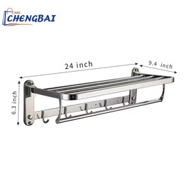 The Popular Bathroom 24 inch Stainless Steel Towel bar with Hooks, Wall Mounted Stainless Steel Towel Rack