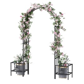 KUAFU 7.5 Ft Metal Garden Arch Arbor Trellis with Planter Boxes, Plant Baskets for Climbing Various Plants, Outdoor Weddings, Ceremony Decoration, Backyard Lawn, Party,Black, 79.7×89.5×17.7