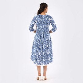 FABRICRAFT INDIA Boho Midi Dress for Women Summer Cotton Dress with Lace Trim, Pleated Front & Back, Pockets Aegean Blue