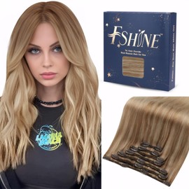 Fshine Clip-In Real Hair Extensions, Light Blonde Fading to Ash Blonde, 35 cm, Real Hair, Remy Real Hair Extensions, Straight Real Hair, Clip-In Extensions, Real Hair, 120 g, 7 Pieces, #10/16/16