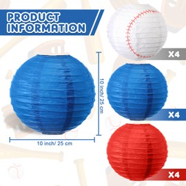 Fabbay 12 Pcs Baseball Lanterns Red White and Blue Baseball Paper Lantern Independence Day Baseball Lantern for Sports Birthday Baby Shower Wedding Patriotic Memorial Day Supplies(10 Inch)