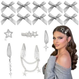 YAEISM Silver Hair Clips 15pcs Y2K Star Hair Accessories Satin Mini Hair Bows Dangle Pentagram Star 2000s Street Punk Clip for Women and Girls
