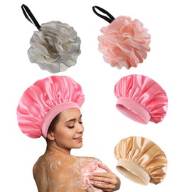 Loofah Sponge 2PCS Bath Shower Loofah Soft Bath Sponge Mesh Shower Puff Loofa Exfoliating Bath Scrubber for Body Lufas Body Sponge Bath Accessories for Women and Men, Satin hair bonnet 2PCS