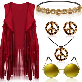 6 Pcs 60s 70s Hippie Costume for Women Peace Sign Earring Necklace Headband Fringe Vest Tassel Cardigan (Red,Small)