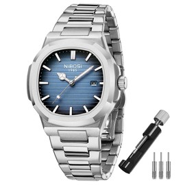 NIBOSI Men's Wristwatch, Stylish, Business, Stainless Steel, Metal Band, Waterproof, Analog, Metal Band, Casual, Date, Fluorescent, Classic Luxury Gift, Gold, Black, Wach for Men, G2632 Silver Blue,