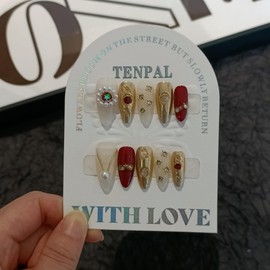 TENPAL Gold-Red Baroque Style Crystal Designs Fake Nails with Tools,Handmade Press on Nails Medium Almond,Glossy Gems Micro-Crystal Soft Gel False Nails Kit,Vintage Bridal Party Fall Winter Nails(L)