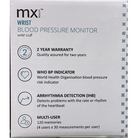 MX Health Fully Automatic Wrist Blood Pressure Monitor - 14-19cm Wrist Cuff - 120 Memories - Arrhythmia Detection (IHB)