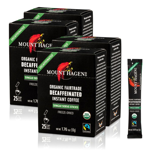 Mount Hagen 25 Count Single Serve Instant Decaf Coffee Packets - 4 Pack | Decaffeinated Organic Medium Roast Arabica Beans | Eco-friendly, Fair-Trade [4 x 25 sticks/1.76oz/50g]