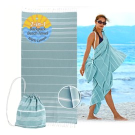 CalmyBEACH 2in1 Hamamtuch Rucksack Strandtuch Badetuch - 100% Baumwolle Hamam Strand Tuch 180x90 Baumwolltuch für Damen und Herren Yogatuch Reisehandtuch (Mint)