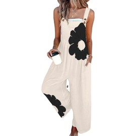 QXE Women's 2025 Beige Floral Print Overalls Jumpsuits One Piece Sleeveless Wide Leg Long Pants Rompers with Pockets
