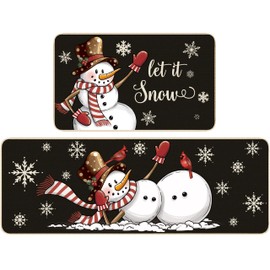 TREWAVE Christmas Kitchen Rugs Snowman Door Mat Set of 2 Let It Snow Welcome Non-Slip Floor Mat Xmas Winter Holiday Home Kitchen Bathroom Decor (17x29 17x47 Inch)