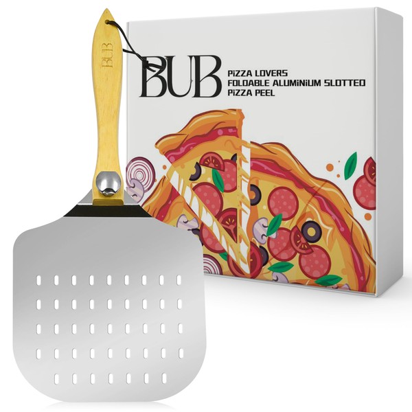 BUB Premium Pizza Peel 12 Inch - Aluminium Pizza Paddle with Safety Backstop - Perforated to Reduce Dough Sticking - Foldable Wood Handle for Easy Storage - Gift Ready Packaging
