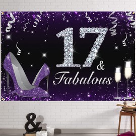 HAMIGAR 6x4ft Happy 17th Birthday Banner Backdrop - 17 & Fabulous Heels Birthday Decorations Party Supplies for Girls - Purple