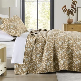 PERHOM Quilt Queen Size - 100% Cotton Khaki Quilt White Green Floral Lightweight Soft Queen Quilt Vintage Botanical Quilted Bedspread Reversible Quilt Bedding Set 3 Pieces