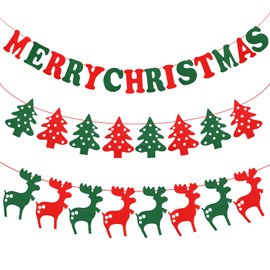 Bekecidi 3 Pcs Christmas Felt Banner Merry Christmas Banner Red Green Santa Claus Reindeer Christmas Tree Flag Decoration Felt Bunting Banner for Xmas Party Home Hanging Indoor Outdoor Decorations