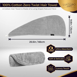 LUXTOGO Hair Turban - 100% Cotton - Premium Quality Hair Towel with Button and Elastic - Quick-Drying Head Towel Turban - Super Absorbent Hair Towel Turban without Microfibre (Grey, Pack of 1)