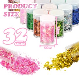 URAQT Chunky Glitzer Set, 32 Farben Glitzerpulver Set, Klobige Pailletten und Feine Glitzer Pulver, Festival Glitzer Gesicht, Körperglitzer Zubehör für Nägel Augen Lippen Haare Körper