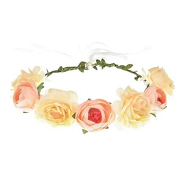 June Bloomy Women Rose Floral Crown Hair Wreath Leave Flower Headband with Adjustable Ribbon (Champagne)