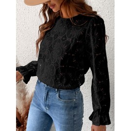 CUPSHE Women's Long Sleeve Blouse Made of Broderie Embroidery with Floral Pattern, Elegant Round Neck Women's Top with Puff Sleeves, black