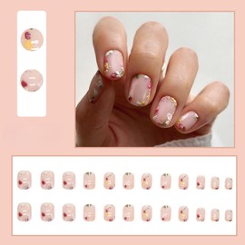KQueenest French Nägel zum Aufkleben Kurz Eckig - Nude Press On Nails mit Blumen Gestaltung, Glänzende Fake Nails Künstliche Fingernägel, Blüten Full Cover Natürlich Acryl Nägel für Frauen