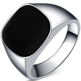 Kingray Jewelry Stainless Steel Classic Simple Plain Black Enamel Signet Pinky Ring Size 4-16 (Silver Black, 8.5)