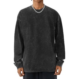 FULFIDREAM Men's T-Shirts Acid Washed Vintage Cotton Unisex Long Sleeve Crew Neck Tshirts Pullover Casual Loose Solid Basic Tee Tops Black