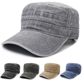 Initlove Cadet Army Cap for Men Unisex Washed Military Flat Top Hat Grey