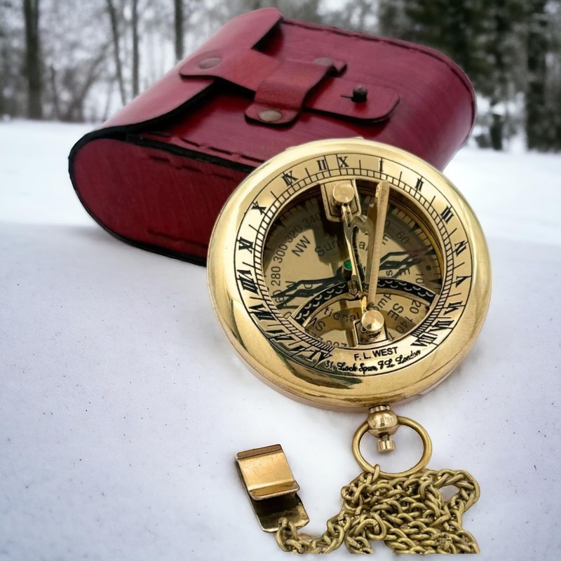 Brass Sundial Compass with Leather Case - Compass Gift for