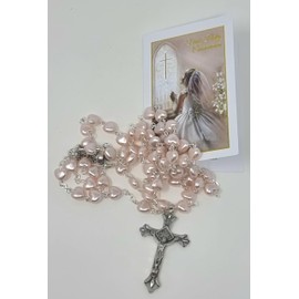 celebrationgiftsforall First Holy Communion Girls Pearl Pink Heart Rosary in a Plastic Case with a How to Pray The Rosary and Mysteries Recital Details/Prayer Gift Set for her