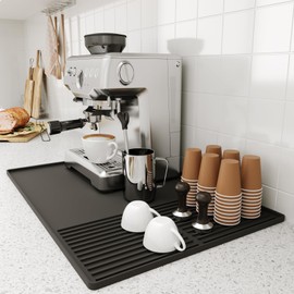 Dish Drying Mat, Silicone Mat, Zone-Divided, Waterproof Bar Mat for Kitchen Countertops, Dish Drying Rack, Coffee Machines, Ice Maker and Pet Feeding Areas (Black, 24'' x 16'')