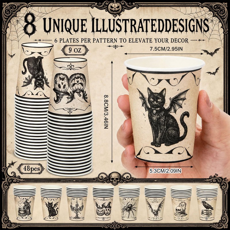 48 Pcs Halloween Paper Cups 9 oz Gothic Disposable Cups